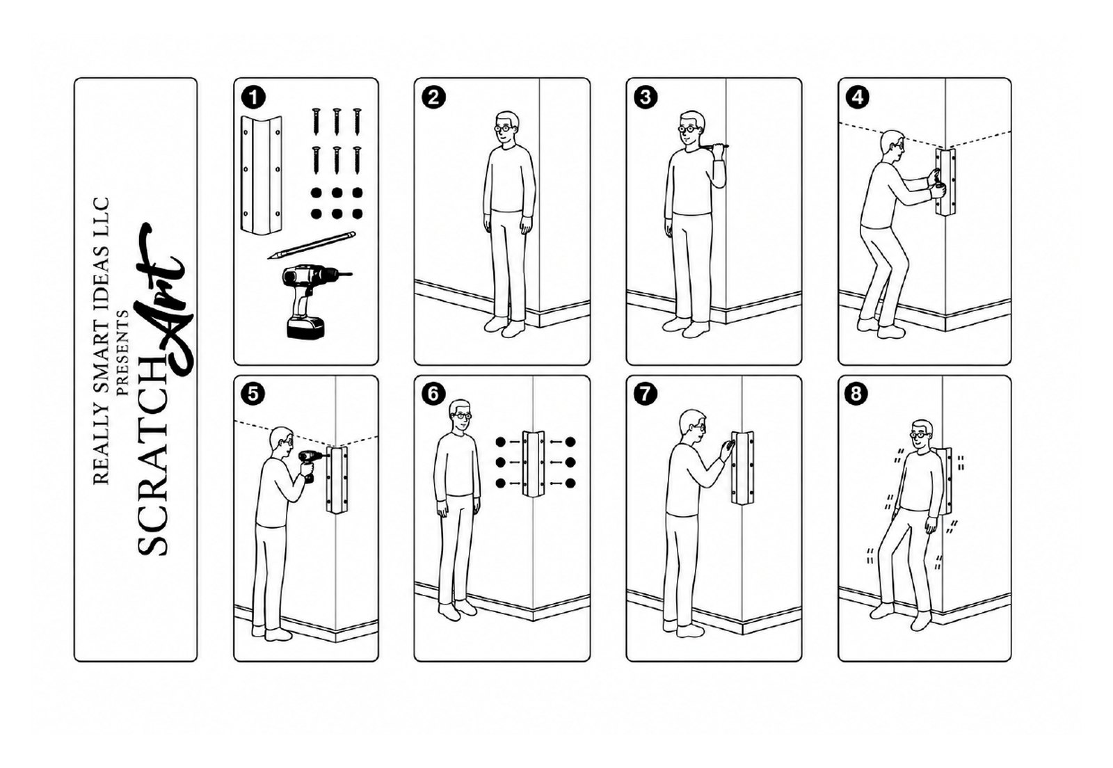 Eight-panel guide showing the piece wrapping an outside corner, six screws, plastic caps, pencil and screw gun, top at shoulder height