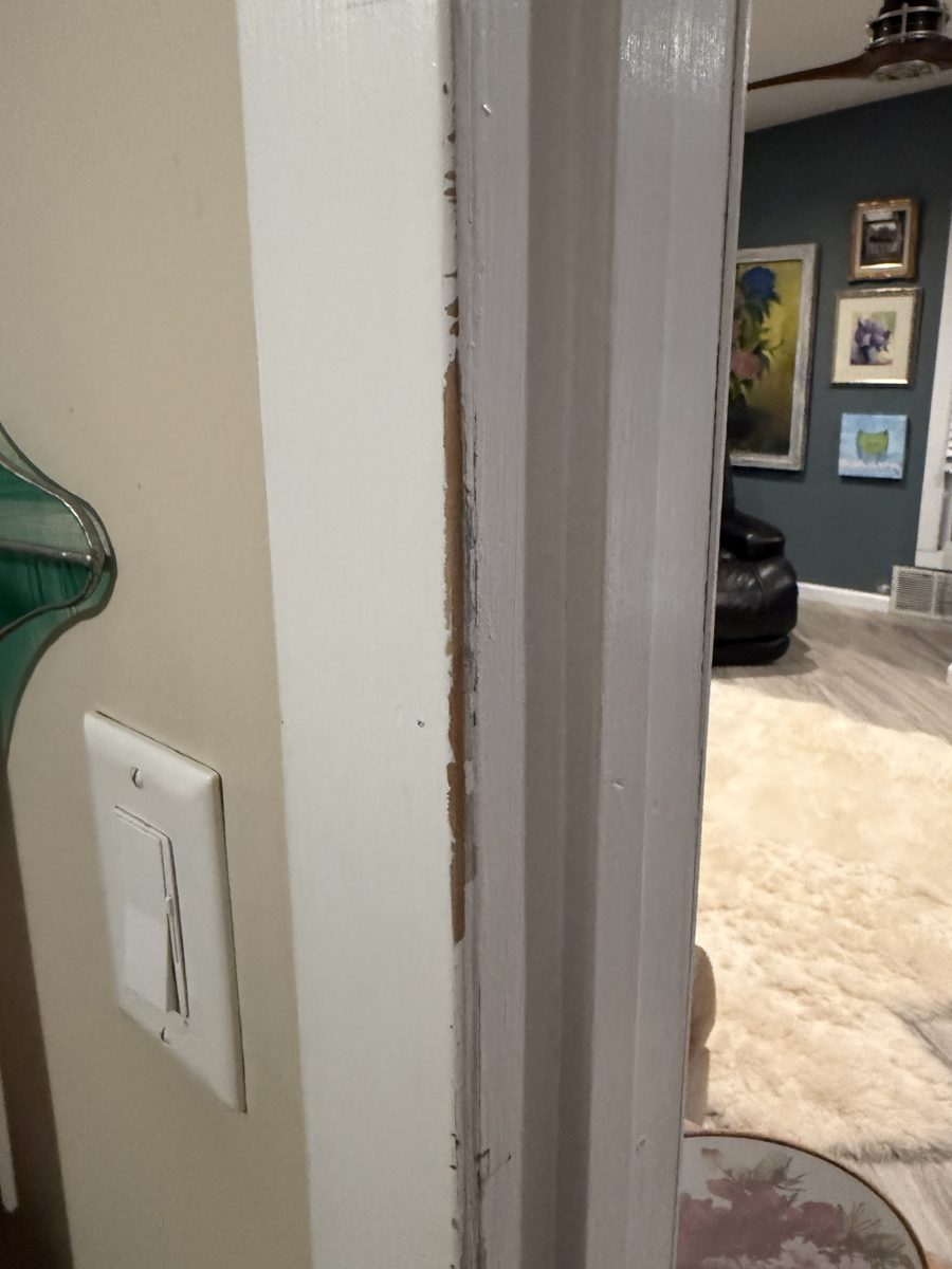 Paint worn off a doorway molding corner from years of back scratching