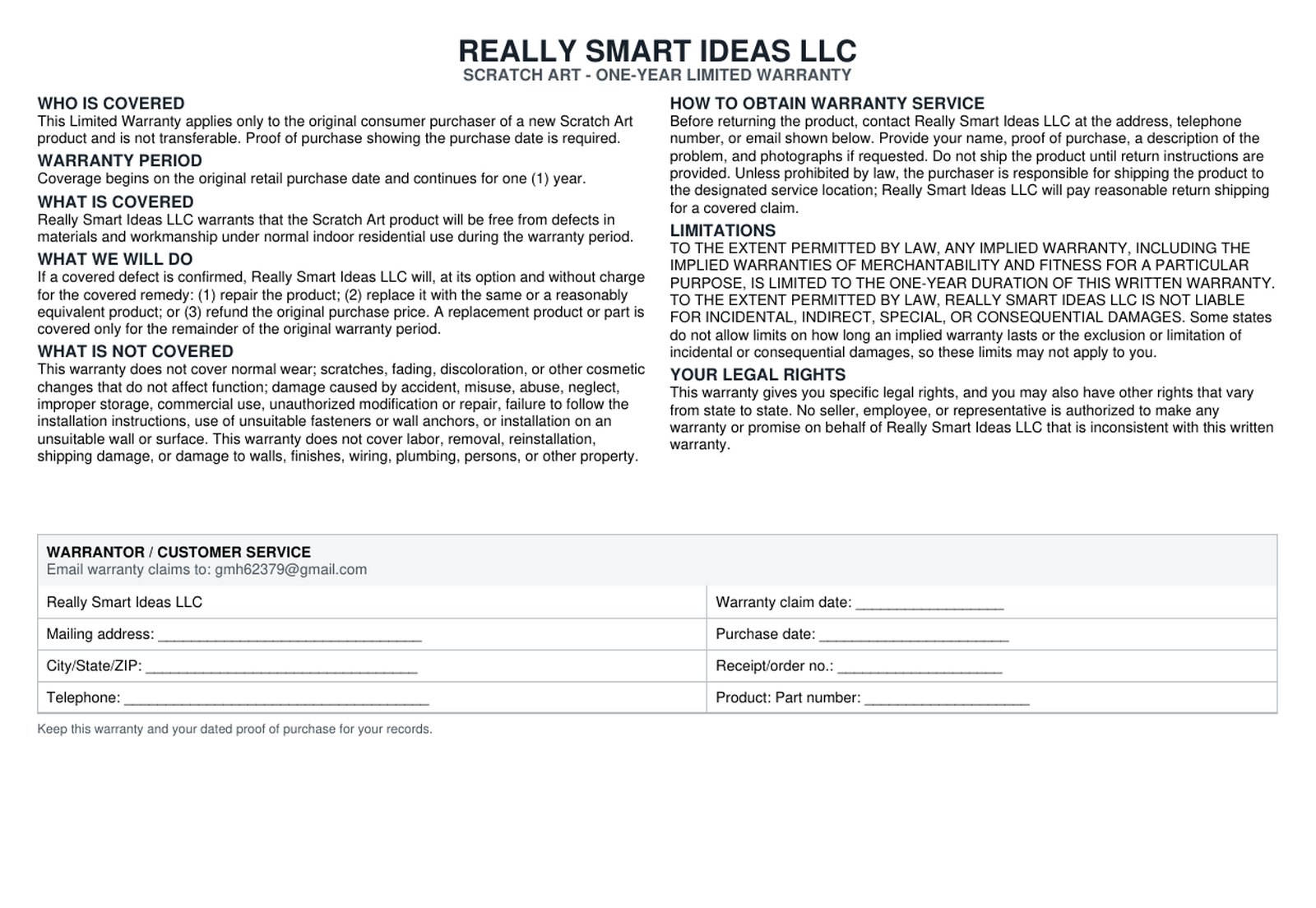 One-year limited warranty for Scratch Art by Really Smart Ideas LLC