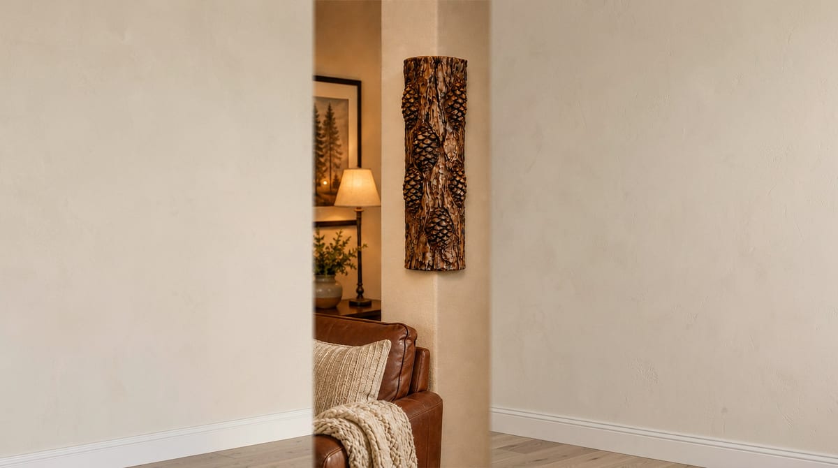 Pinecone (Dark) corner-mounted trunk sculpture in a considered interior